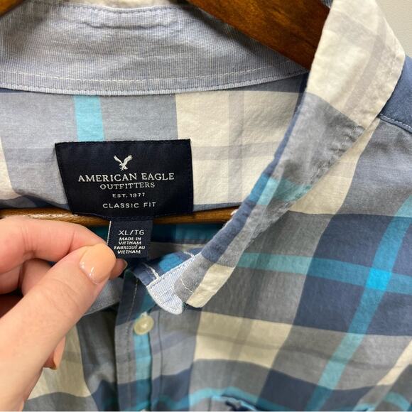 American Eagle | Blue Plaid Button Down Shirt Classic Fit - Picture 4 of 4